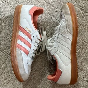 Women's Adidas Samba White and Coral Sneakers, Size 7